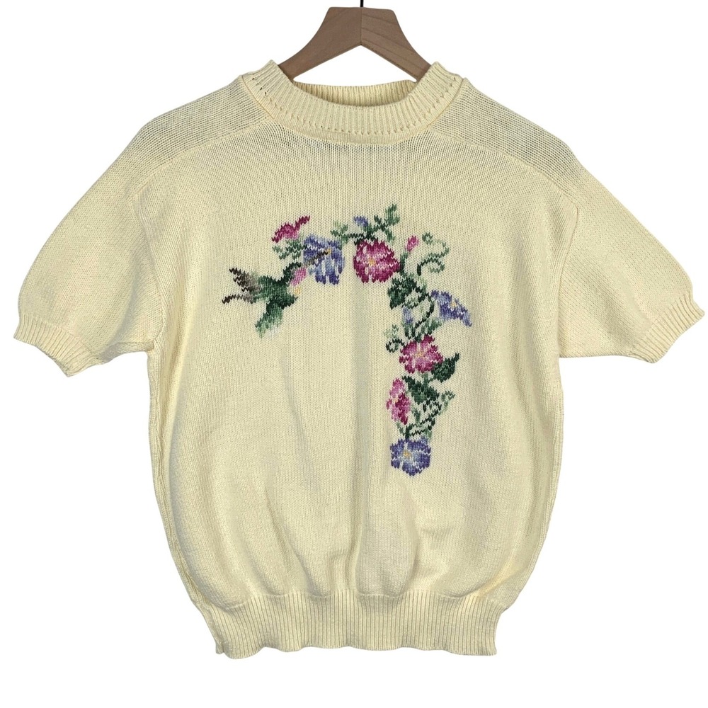 VTG Stoney Creek Floral Hummingbird Intarsia Knit Cotton Sweater Womens M Butter